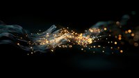 Magical glowing particles and light trails flowing on dark background create ethereal atmospheric effect with golden bokeh lights and smoky wisps.