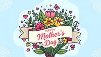 Happy Mother's Day greeting card with colorful floral bouquet and decorative banner on light blue background for holiday celebration and family love.