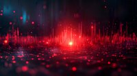 Glowing red particles and light beams rising from reflective surface create atmospheric sci-fi backdrop with bokeh effect and dramatic illumination.
