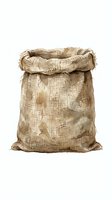 Weathered burlap sack with rolled top edge isolated on white background, suitable for packaging design, agriculture graphics, and vintage-themed projects.