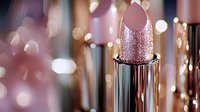 Luxurious rose gold metallic lipstick with glitter texture against blurred bokeh lights background, glamorous cosmetic product photography in soft pink tones.