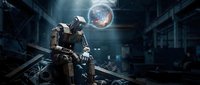 Humanoid robot sitting in a dark abandoned warehouse, gazing at a glowing cosmic sphere, evoking themes of AI consciousness and futuristic technology.