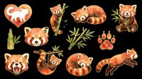 Red panda collection featuring cute isolated animals in various poses with bamboo leaves and paw prints, ready for t-shirts, stickers, clipart, sublimation and print-on-demand designs on transparent background.