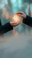 Two hands exchanging glowing puzzle piece symbolizing teamwork, collaboration and partnership in business environment with soft bokeh background.