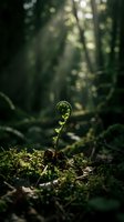 Fern fiddlehead unfurling in misty forest with sunlight filtering through trees, showcasing new growth and nature's renewal for botanical and environmental design projects.