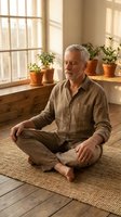 Senior man with gray hair and beard, Caucasian ethnicity, practicing meditation in lotus position on natural fiber mat in sunlit room with potted plants and wooden window frames.