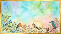 Watercolor birds perched on flowering branches with soft pastel background. Spring garden scene with colorful songbirds and botanical elements for nature designs.