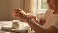 Senior Caucasian woman applying moisturizer cream to hands in warm sunlit room with coffee cup on table for skincare routine and self-care wellness.