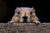 Curious ground squirrel peeking over edge with big blue eyes and tiny paws visible, close-up portrait against dark background showing playful animal behavior.