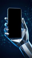 Futuristic robotic hand holding smartphone with blank screen against digital network background for technology and AI concepts.