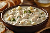 Creamy chicken and potato soup with fresh herbs in rustic ceramic bowl, served with sliced bread for hearty comfort food meal.