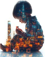 Double exposure of young Asian boy silhouette merged with illuminated night cityscape showing modern urban architecture and glowing windows in blue and orange tones.
