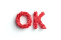 Red fluffy furry letters OK text isolated on white background, typography design element for creative projects and social media content.