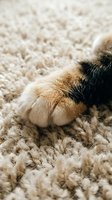 Close-up of a cat's paw resting on a soft, textured beige carpet. The feline's fur shows brown and black markings with white paw pads visible. Suitable for pet care, comfort, and home interior content.