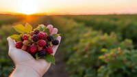 Fresh mixed berries held in cupped hands at golden hour sunset over berry farm fields. Organic harvest concept for healthy eating and agriculture.
