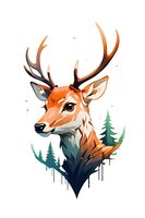 Artistic deer portrait with forest silhouette overlay, featuring gradient orange to black coloring and antlers. Perfect for modern wildlife art prints, apparel design, and nature-themed projects.