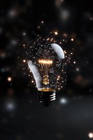 Broken light bulb with glowing filament and business doodles emerging through cracks, sparks and particles floating against dark background. Creative concept for innovation.