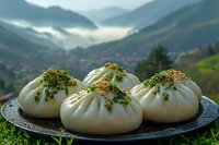Steamed dumplings garnished with herbs and spices on traditional plate against misty mountain landscape background, showcasing Asian culinary artistry.