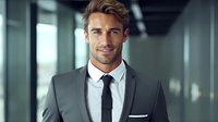Confident Caucasian businessman in grey suit and black tie smiling in modern office corridor. Professional corporate portrait showing success and leadership.