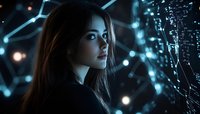 Young woman with long dark hair in profile against futuristic glowing network background with blue light effects and bokeh, dramatic cyberpunk atmosphere.