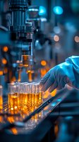 Laboratory scientist in protective gloves conducting research with test tubes containing yellow liquid substance against blue and orange bokeh background in modern facility.