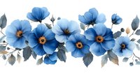 Delicate blue flowers arrangement with gray leaves on white background, seamless border pattern for decorative design, watercolor style floral composition.