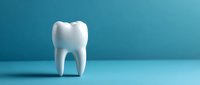 White molar tooth model on blue background, showcasing dental anatomy with clean lines and minimalist presentation for healthcare and dental education.
