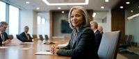 Professional African American businesswoman executive sitting confidently at corporate boardroom table during meeting with colleagues in modern office.