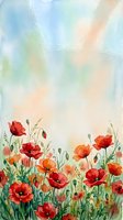 Watercolor poppy field with red orange flowers blooming in meadow against soft pastel sky background for spring summer botanical art and floral design projects.