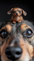 Playful dachshund puppy sitting on adult dog's head, close-up portrait showing big eyes and curious expressions against dark background. Perfect for pet care advertising.