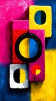 Vibrant abstract geometric composition with colorful blocks and circles in pink, yellow, blue, red creating modern artistic design for creative projects.