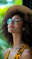 Young African American woman with natural curly hair wearing straw hat and glasses smiling peacefully outdoors in sunlight with green bokeh background.