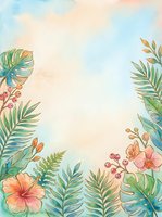 Watercolor tropical frame with hibiscus, orchids, palm leaves, monstera, ferns, and berries on a soft pastel background with copy space.