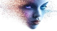 Mysterious female face dissolving into colorful particles with glowing blue eyes against dark background, artistic portrait with dispersion effect.