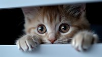 Curious kitten with big brown eyes peeking through gap, paws visible on edge. Close up portrait of playful feline showing innocent expression and soft fur.