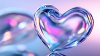 Transparent glass heart with rainbow reflections on soft pink and blue gradient background for romantic designs and Valentine's Day projects.