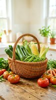 Wicker basket filled with fresh vegetables including cucumbers, corn, and green beans on wooden table with tomatoes and potatoes nearby in bright kitchen setting.