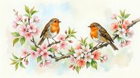 Two robins perched on blooming cherry blossom branches, soft watercolor style with pink flowers and green leaves on light background.