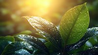 Fresh green leaves with morning dew drops in golden sunlight. Natural macro photography showing water droplets on foliage surface in garden environment.