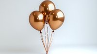Three metallic copper balloons with strings floating against white background, isolated for party decoration and celebration design projects.