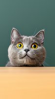 Gray British Shorthair cat with bright yellow eyes peering over wooden surface against green background, close-up portrait showing curious expression and distinctive features.