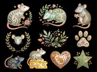 Cute folk art mice clipart set isolated on transparent background, ready for stickers, t-shirt design, print on demand, and sublimation projects.