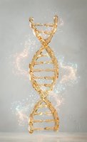 Golden DNA double helix structure with sparkling light effects and magical particles for genetics, biotechnology, medical research and science concepts.