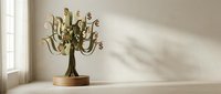 Decorative wooden money tree with dollar signs on branches displayed on table near window with natural sunlight creating shadows on neutral wall background.