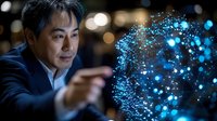 Asian businessman interacting with glowing blue digital sphere visualization, demonstrating future technology and artificial intelligence in corporate setting.