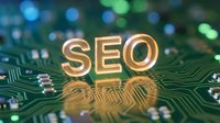 Glowing SEO letters on green circuit board with colorful bokeh lights representing search engine optimization and digital marketing technology concepts.