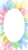 Watercolor floral frame with pastel rainbow petals surrounding white oval space for text or design elements on transparent background for invitations.
