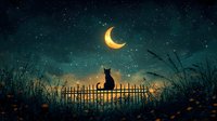 Black cat silhouette sitting on wooden fence under crescent moon and starry night sky, mystical dark landscape with glowing fireflies and wild grass at dusk.