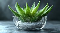 Fresh green aloe vera plant growing in clear glass bowl with white pebbles on dark background, macro photography for wellness and skincare concepts.