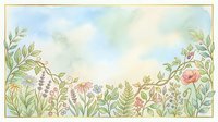 Watercolor floral border frame with wildflowers, herbs, and green leaves on soft blue sky background, perfect for cards and invitations.